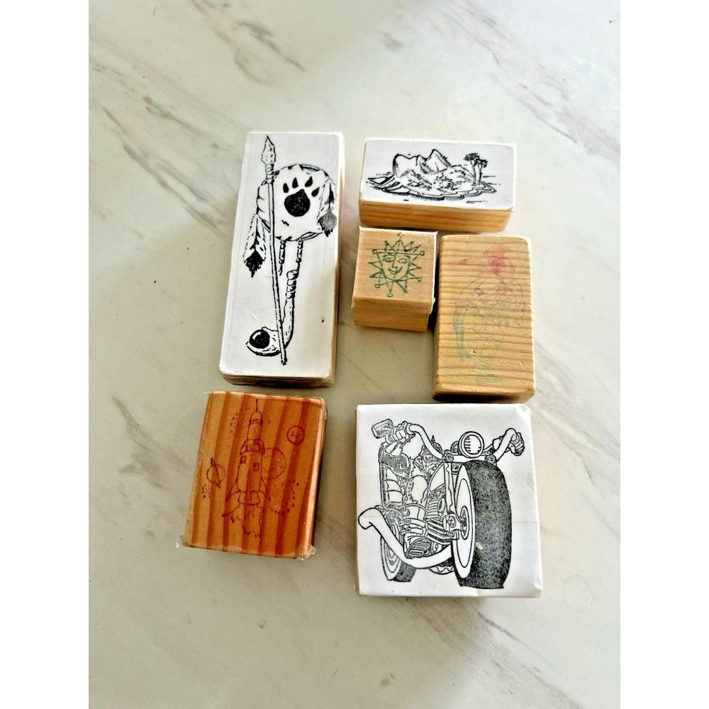 6 Wooden Rubber Stamps Not Marked Motorcycle Island Native American Jester III